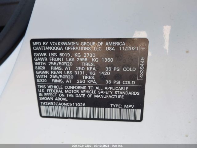 1V2HR2CA0NC511026 Volkswagen Atlas 3.6l V6 Se W/technology