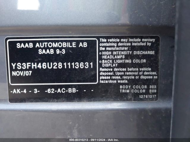 2008 SAAB 9-3 YS3FH46U281113631 Photo 8
