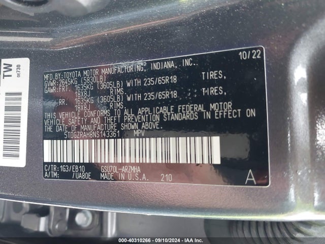 Toyota Highlander Xle 2022 5TDGZRAH8NS143361 Image 9