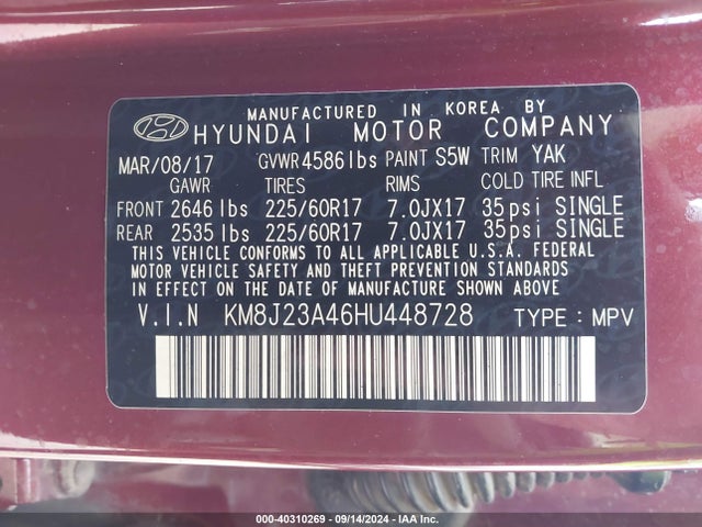 Hyundai TUCSON SE 2017 KM8J23A46HU448728 Image 9