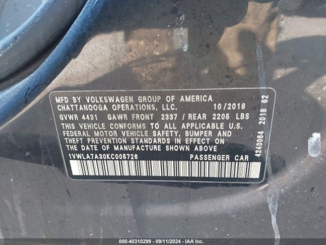 1VWLA7A30KC005726 Volkswagen Passat 2.0t Wolfsburg Edition