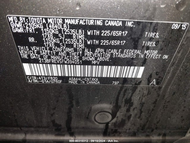 Toyota RAV4 LE 2015 2T3BFREV5FW394051 Image 9