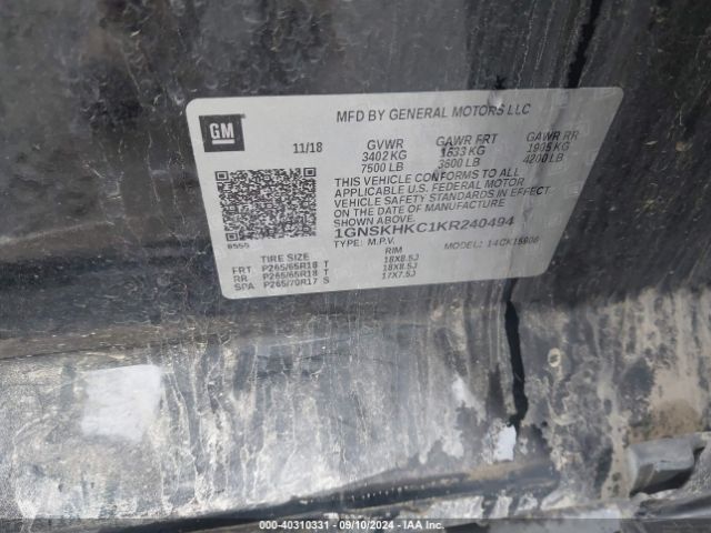 1GNSKHKC1KR240494 Chevrolet Suburban Lt