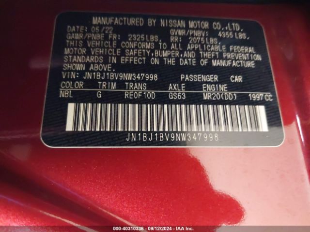 JN1BJ1BV9NW347998 Nissan Rogue Sport Sv Fwd Xtronic Cvt