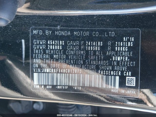 JHMCR6F54HC012072 Honda Accord Hybrid Ex-l