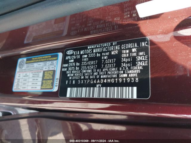 5XYPG4A34HG191938 KIA Sorento 2.4l Lx