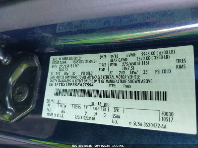 1FTEX1EP5KFA27594 Ford F-150 Xlt