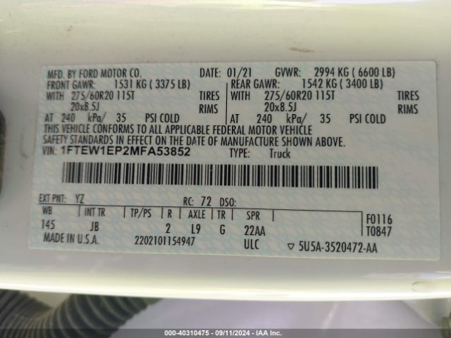 1FTEW1EP2MFA53852 Ford F-150 Xl