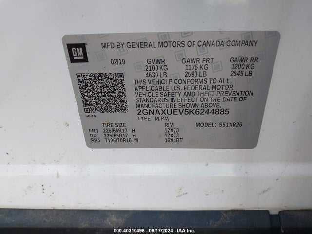 Chevrolet EQUINOX LT 2019 2GNAXUEV5K6244885 Image 9