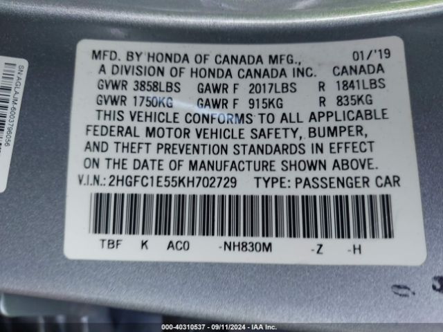 2HGFC1E55KH702729 Honda CIVIC SI