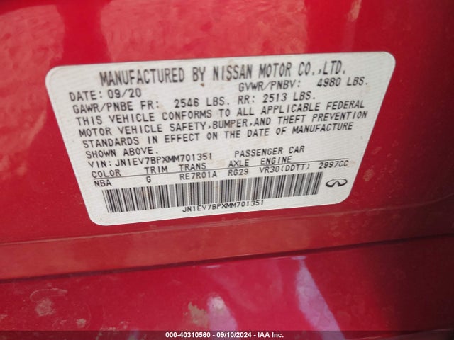 JN1EV7BPXMM701351 Infiniti Q50 LUXE