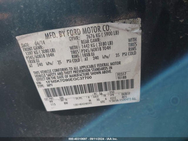 Ford EXPLORER XLT 2014 1FM5K7D90EGC37700 Image 9