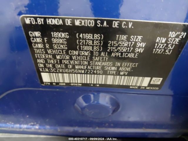 3CZRU6H56NM722490 Honda Hr-v Awd Ex