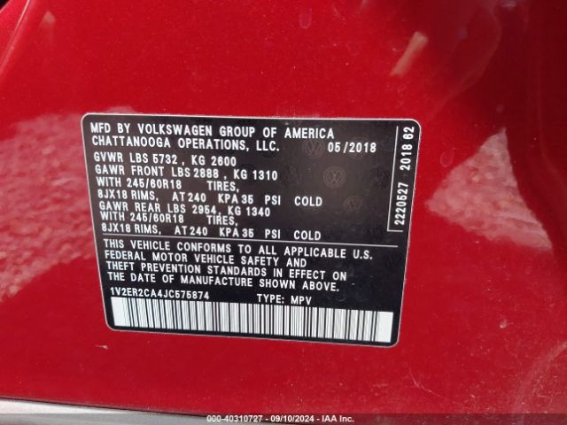 1V2ER2CA4JC575874 Volkswagen Atlas 3.6l V6 Sel
