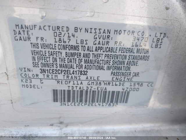 Nissan Versa Note S (sr)/s Plus/sv 2014 3N1CE2CP2EL417832 Image 9