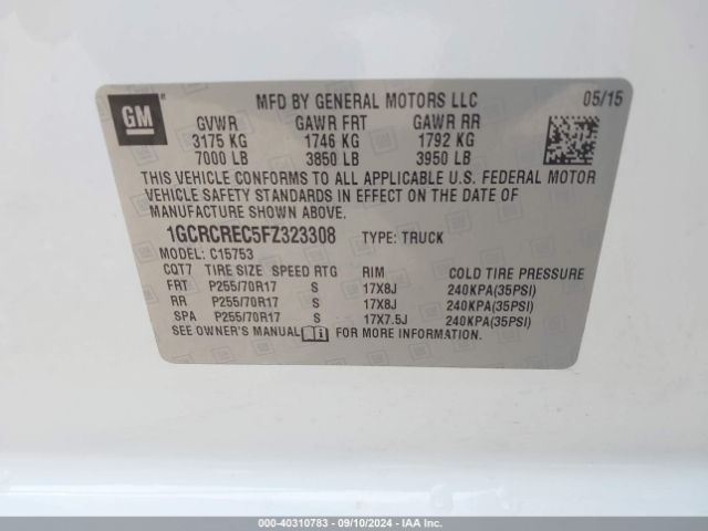 1GCRCREC5FZ323308 Chevrolet Silverado 1500 1lt