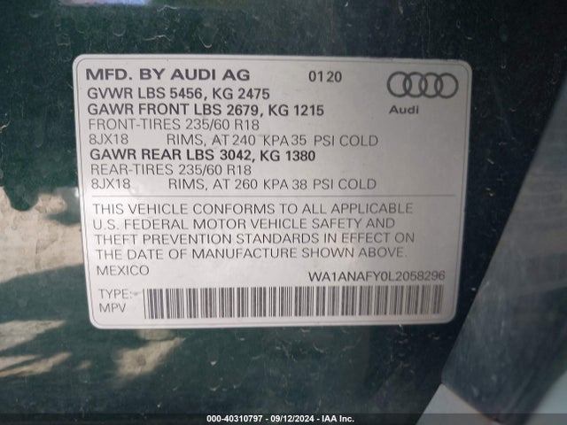 WA1ANAFY0L2058296 Audi Q5 Premium 45 Tfsi Quattro S Tronic/titanium Premium 45 Tfsi Quattro S Tronic