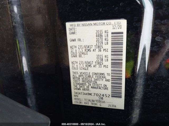 5N1AT3AA9MC702452 Nissan Rogue S Fwd