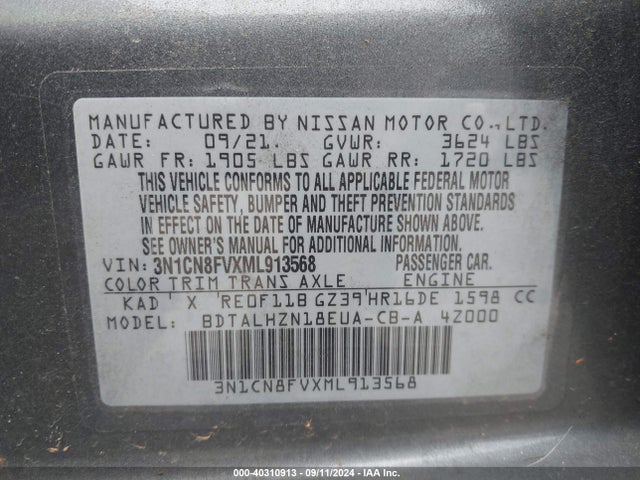 Nissan Versa Sr Xtronic Cvt 2021 3N1CN8FVXML913568 Image 9