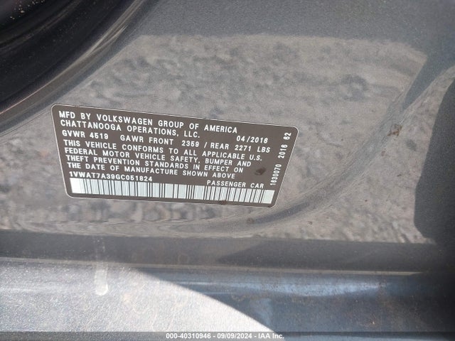 1VWAT7A39GC051824 Volkswagen Passat 1.8t S
