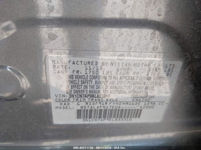 3N1CN7AP9KL833310 Nissan Versa 1.6 S