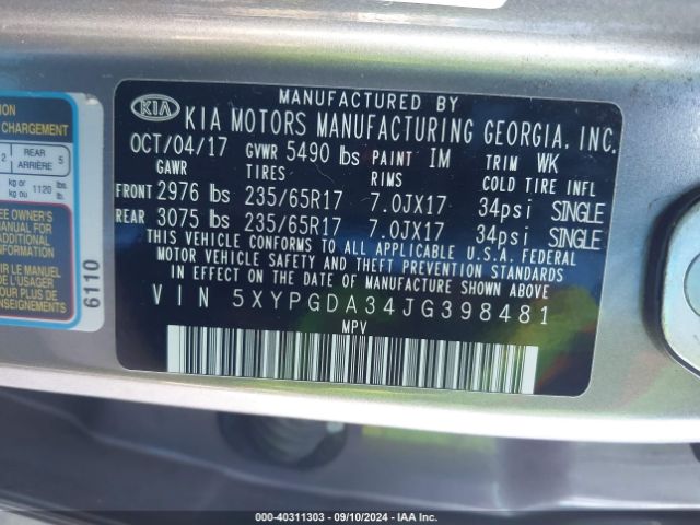 5XYPGDA34JG398481 KIA Sorento 2.4l Lx