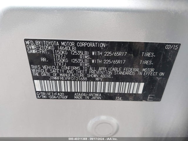Toyota Rav4 Xle 2015 JTMRFREV9FD121688 Image 9