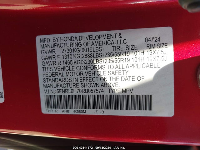 Honda Odyssey Sport 2024 5FNRL6H70RB057574 Image 9