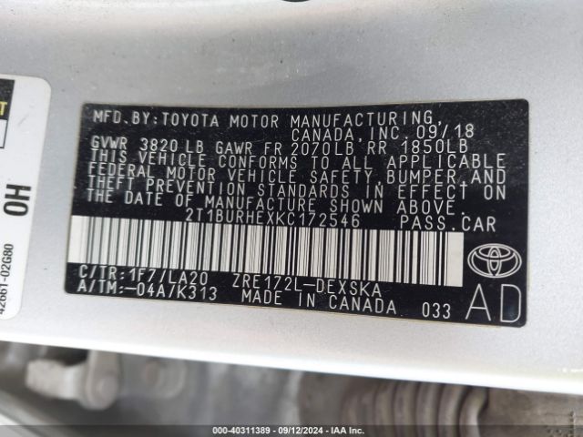2T1BURHEXKC172546 Toyota Corolla Xse