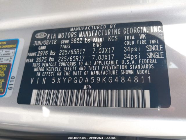 5XYPGDA59KG484811 KIA Sorento 3.3l Lx