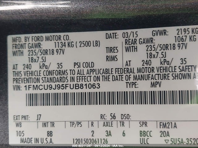 Ford Escape Titanium 2015 1FMCU9J95FUB81063 Image 9