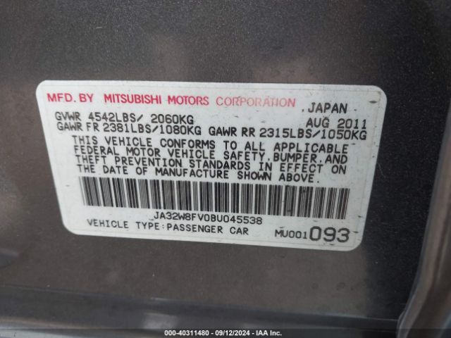 2011 MITSUBISHI LANCER EVOLUTION JA32W8FV0BU045538 Photo 8