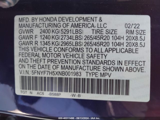5FNYF7H5XNB001983 Honda Passport 2wd Ex-l