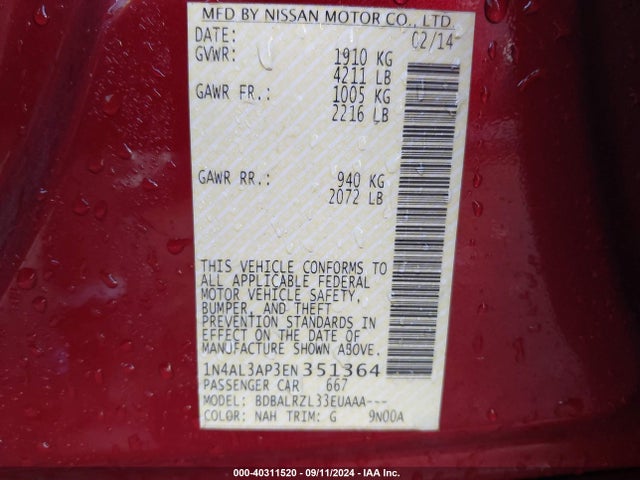 1N4AL3AP3EN351364 Nissan Altima 2.5/2.5 S/2.5 Sl/2.5 Sv