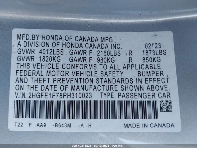 Honda Civic Ex /ex W/o Bsi 2023 2HGFE1F78PH310023 Image 9