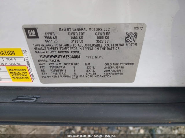 Chevrolet Traverse 2lt 2017 1GNKRHKD2HJ304084 Image 9