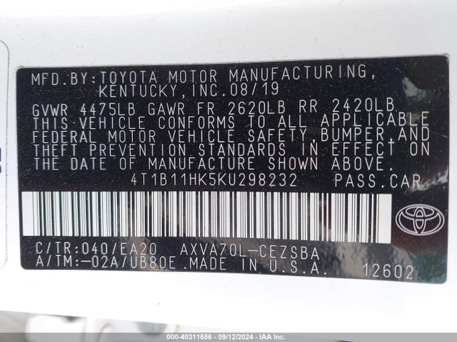 Toyota CAMRY SE 2019 4T1B11HK5KU298232 Image 9