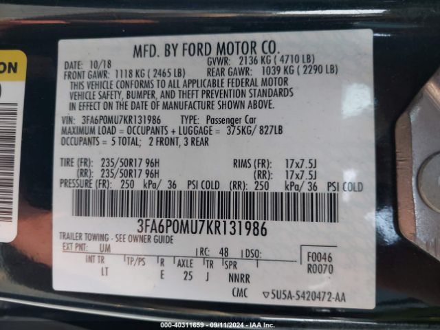 3FA6P0MU7KR131986 Ford Fusion Hybrid Sel