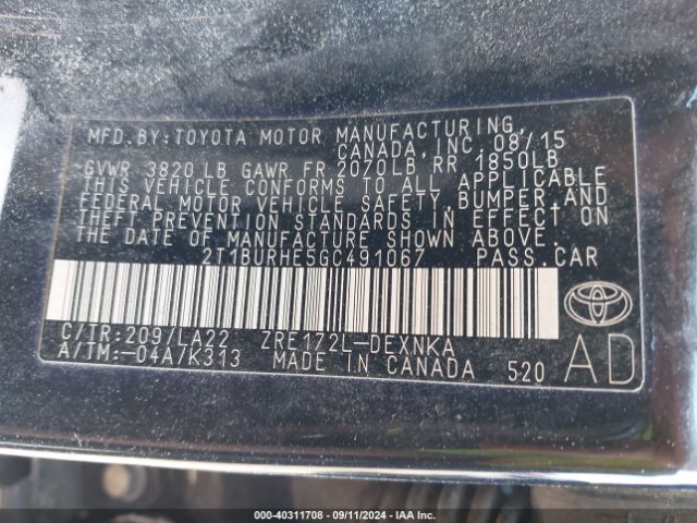 2T1BURHE5GC491067 Toyota Corolla Le Premium