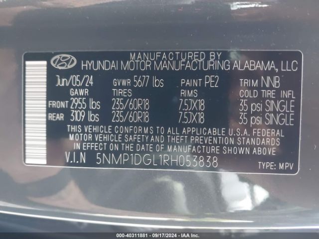 5NMP1DGL1RH053838 Hyundai Santa Fe Se