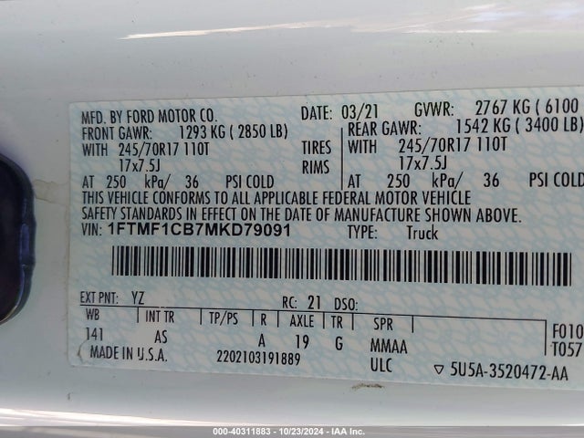 Ford F-150 Xl 2021 1FTMF1CB7MKD79091 Image 9