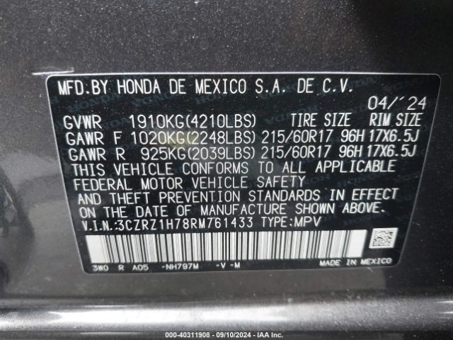 3CZRZ1H78RM761433 Honda Hr-v 2wd Ex-l/2wd Ex-l W/o Bsi