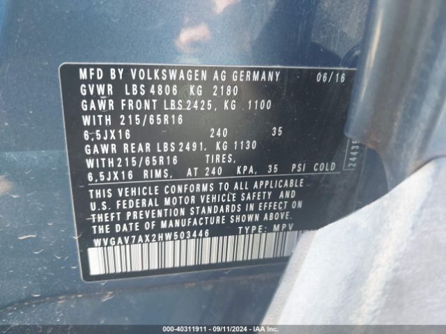 WVGAV7AX2HW503446 Volkswagen Tiguan 2.0t S