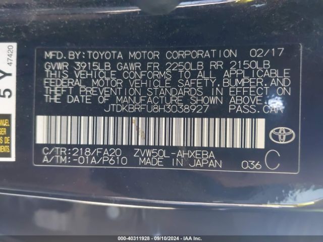JTDKBRFU8H3038927 Toyota Prius Two