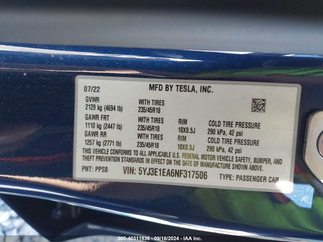 2022 TESLA MODEL 3 5YJ3E1EA6NF317506 Photo 8