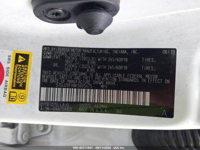 Toyota Highlander Xle 2019 5TDJZRFH8KS605475 Image 9