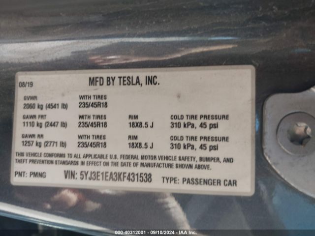 5YJ3E1EA3KF431538 Tesla Model 3 Long Range/mid Range/standard Range/standard Range Plus