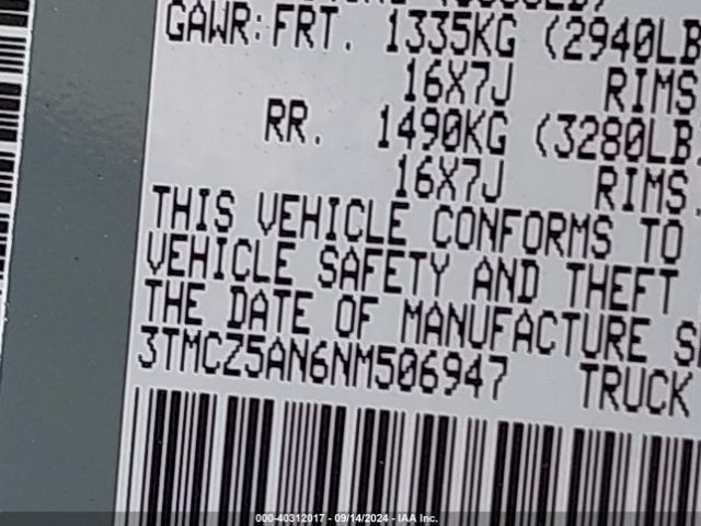 3TMCZ5AN6NM506947 Toyota Tacoma Trd Off Road