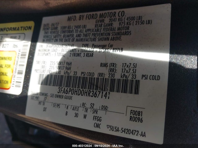 Ford FUSION SE 2017 3FA6P0HD0HR367141 Image 9