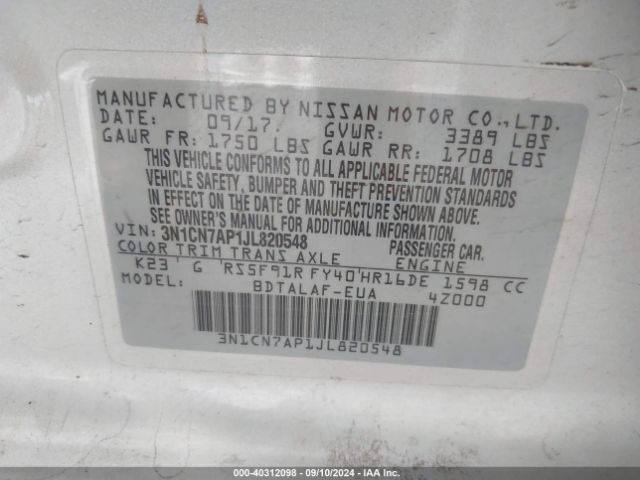 3N1CN7AP1JL820548 Nissan Versa 1.6 S